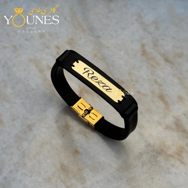 دستبند چرم طلا حکاکی اسم رضا Reza